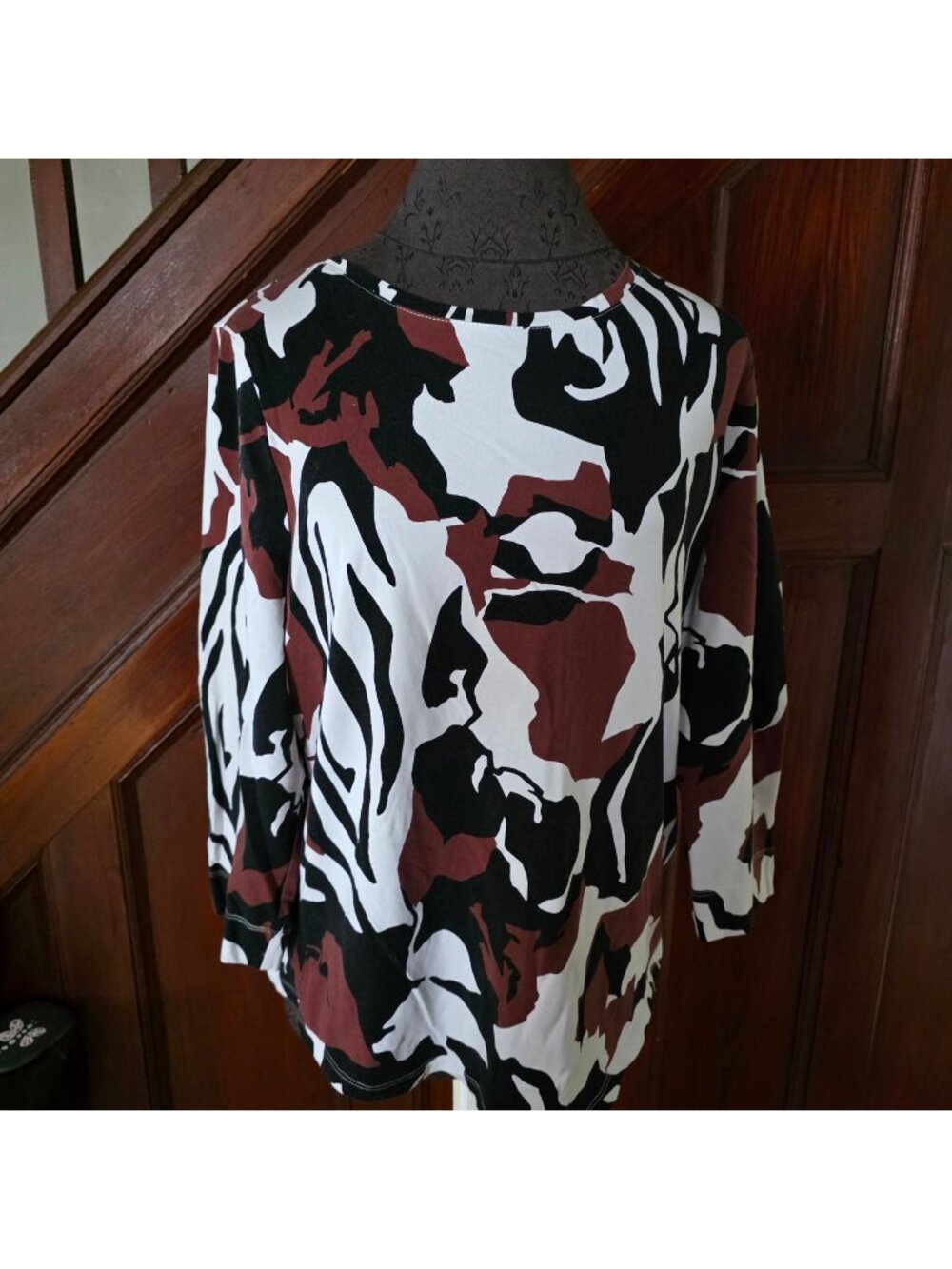 Chicos Womens Abstract Print 3/4 Sleeve Top Size 2 US Brown/Black/White